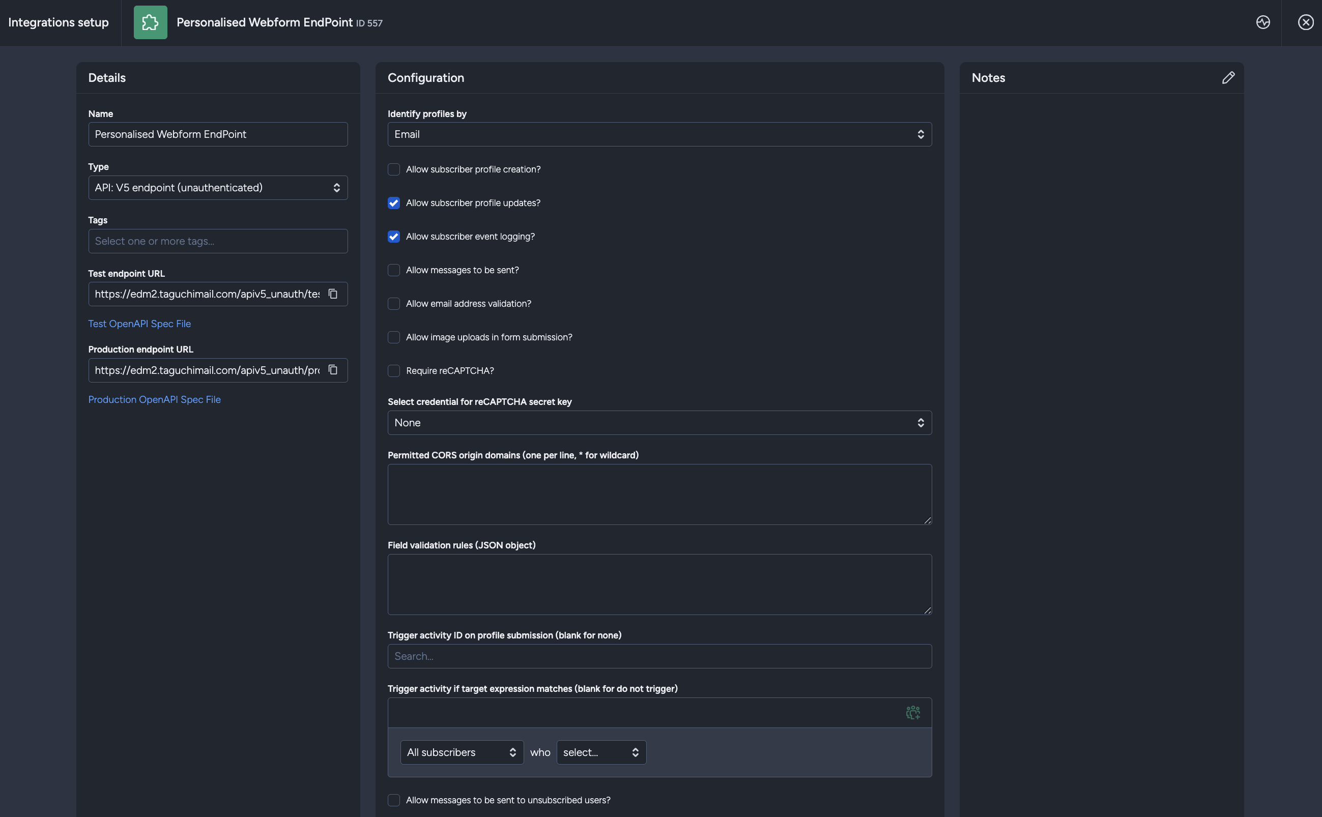 Integration setup - main list option