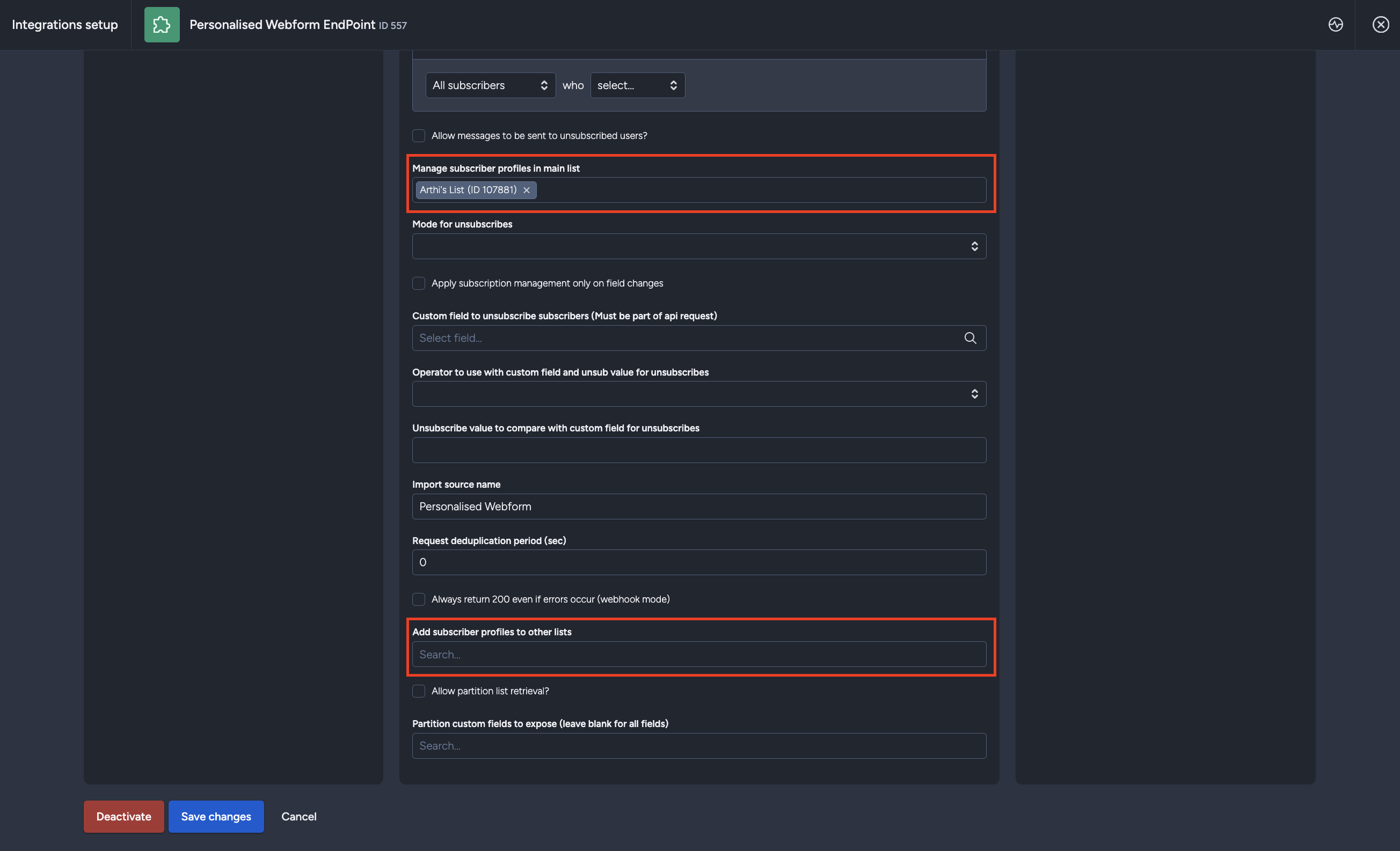 Integration setup - other lists option