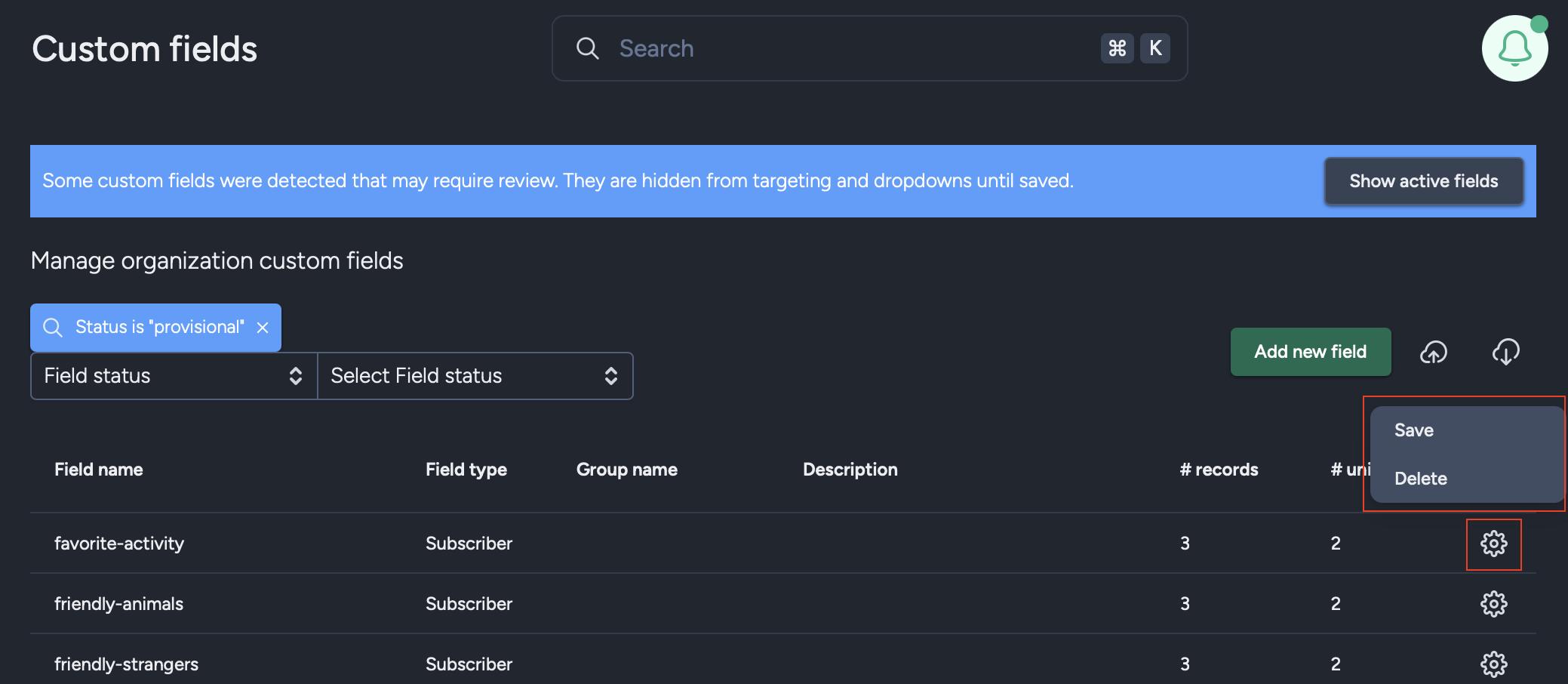Provisional Custom Field Save and Delete