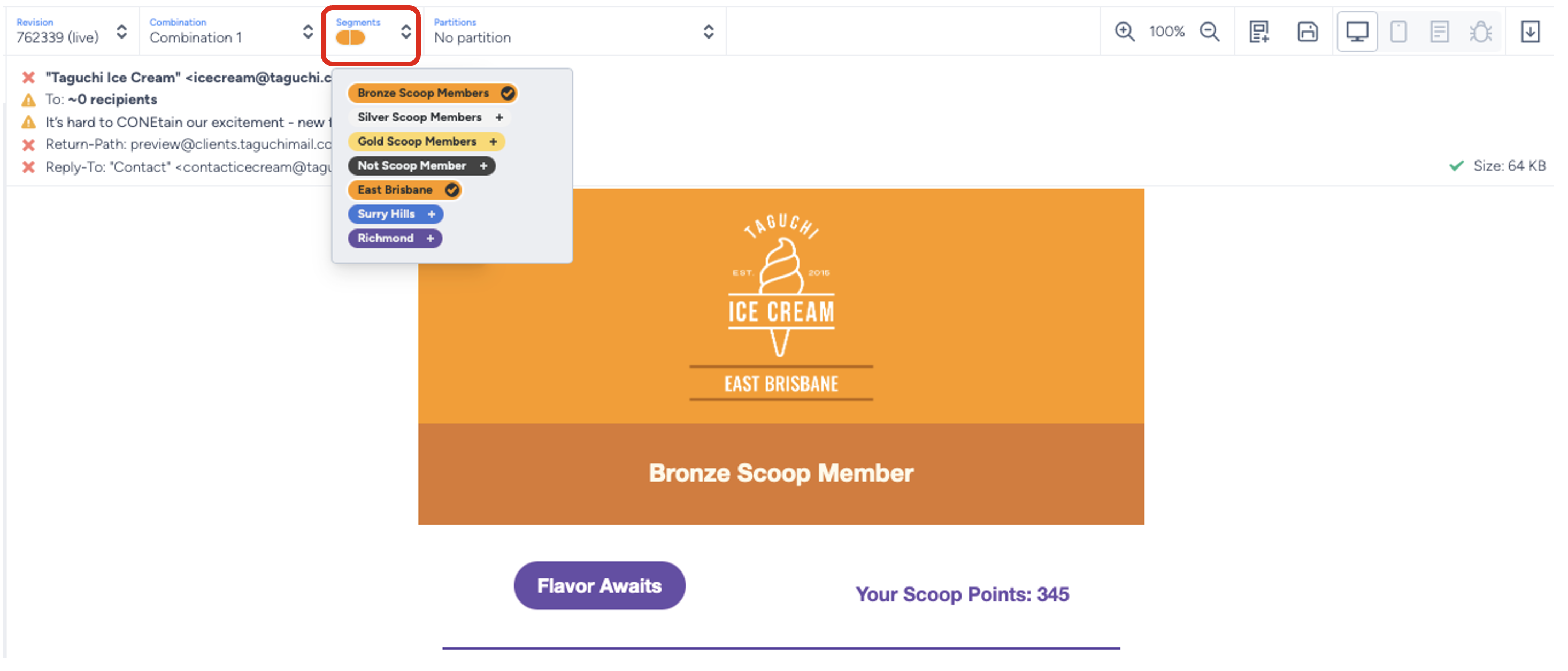 Selecting the segment preview value from the segment dropdown