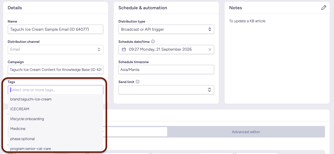 Tags field with selected tag chips and matching suggestions in the setup modal