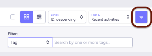 List page filter bar with Tag selected and multiple tag filter chips applied