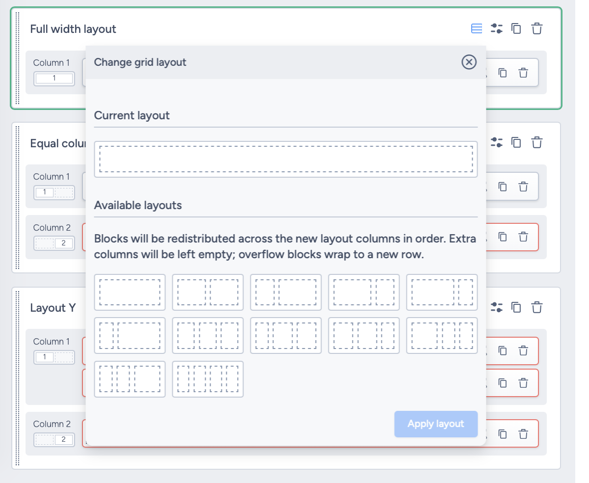 Change grid layout panel showing current and available layouts