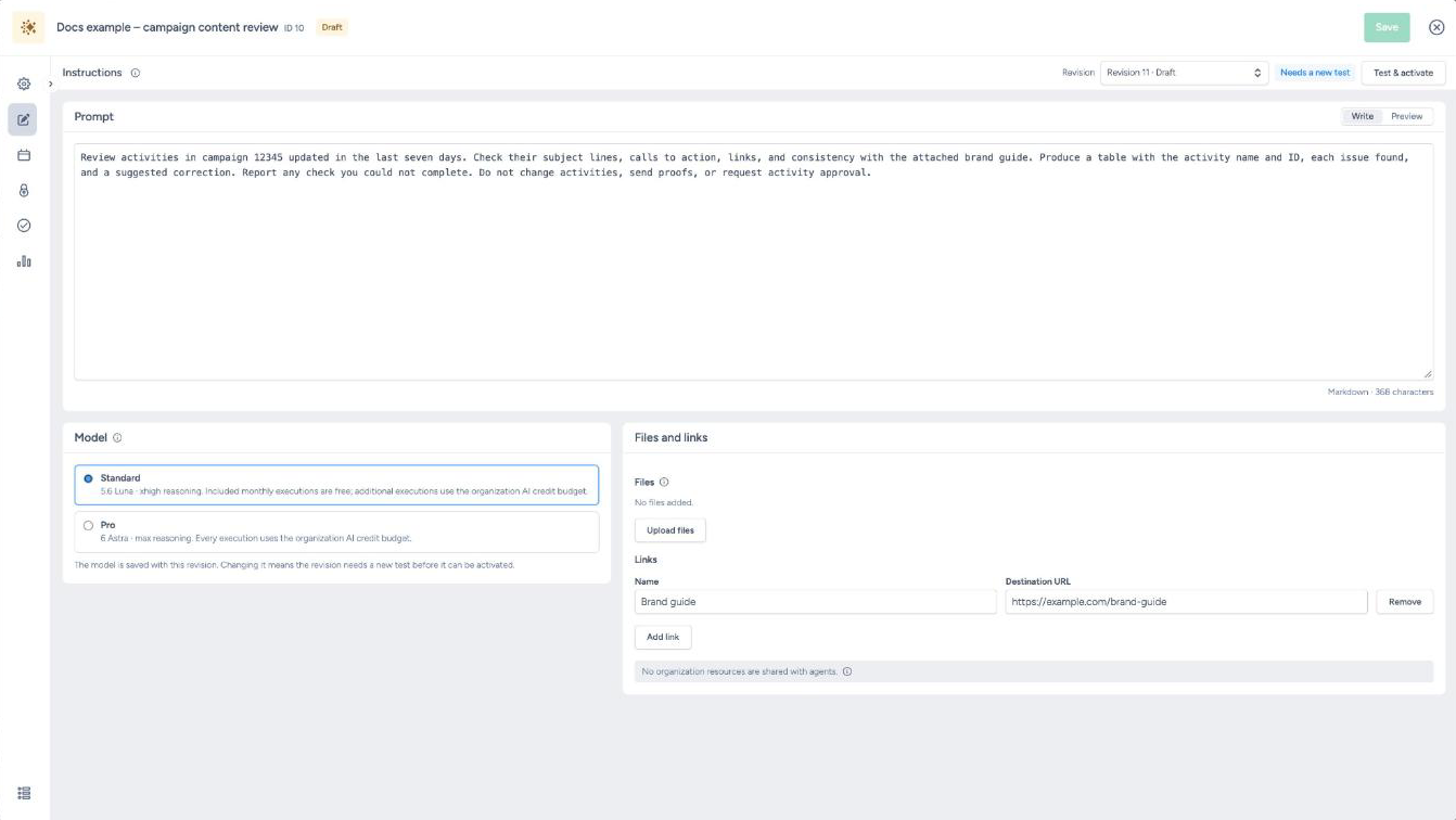 Agent Instructions showing the prompt, model selection, and reference materials