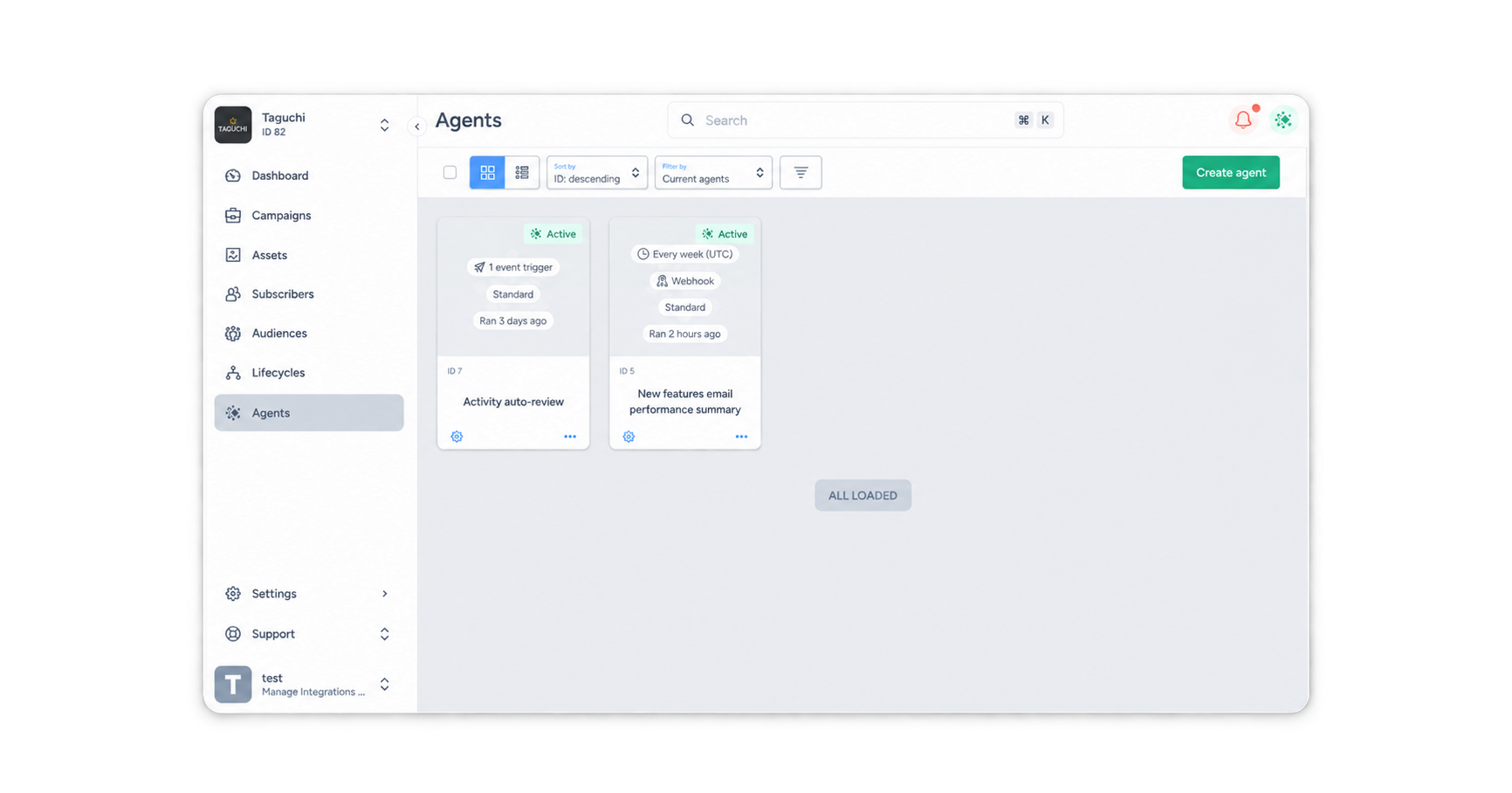 Agents overview with example Agents and the Create agent button