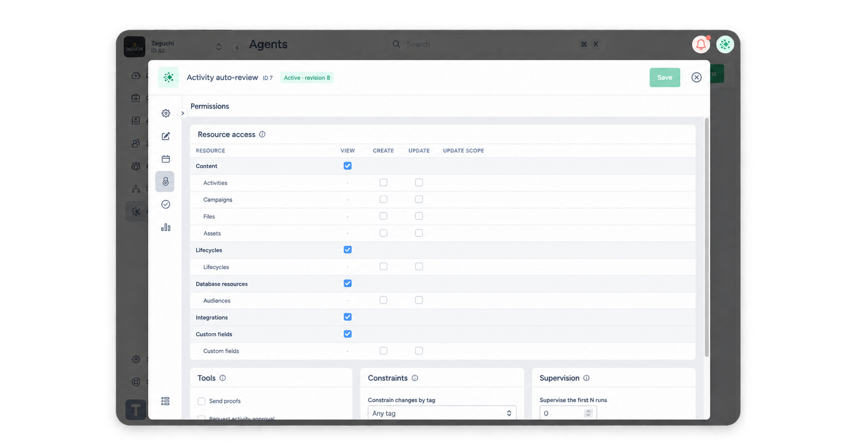 Agent Permissions showing resource access, tools, constraints, and supervision