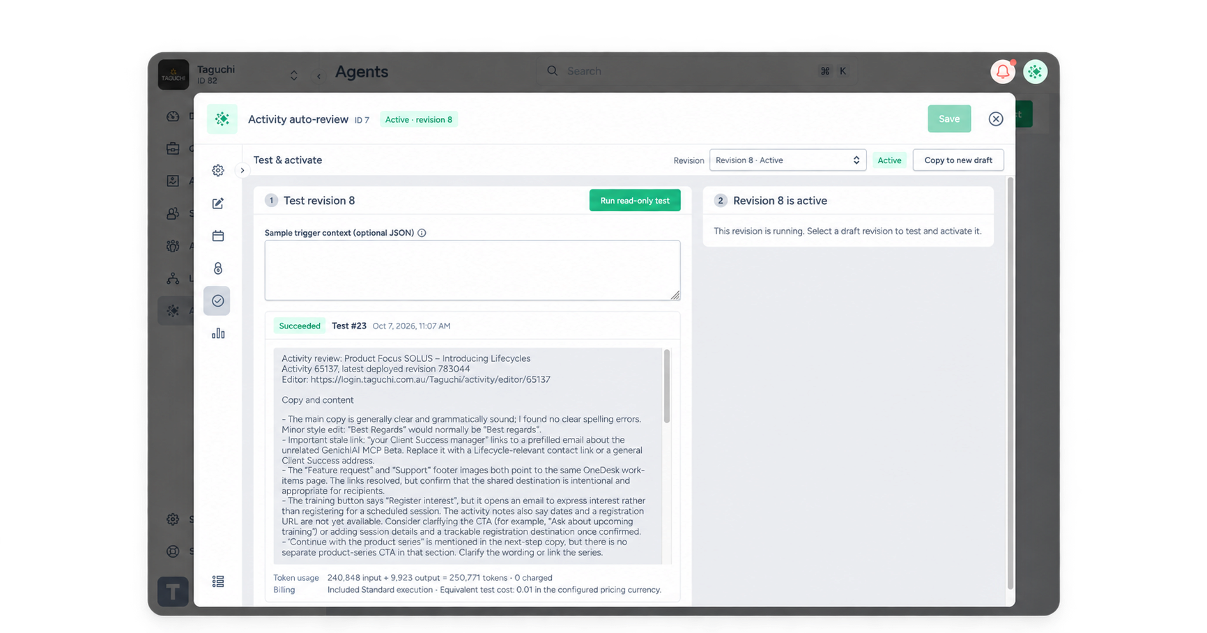 Agent Test & activate page showing a successful read-only test and an active revision