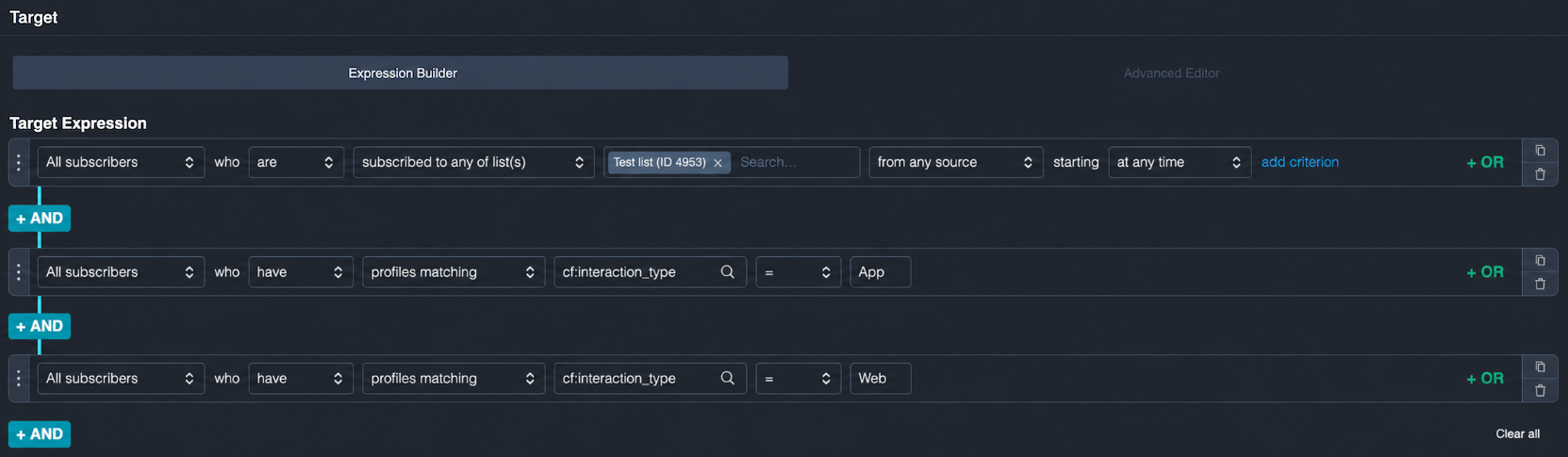 Targeting by engagement channel(expression builder)