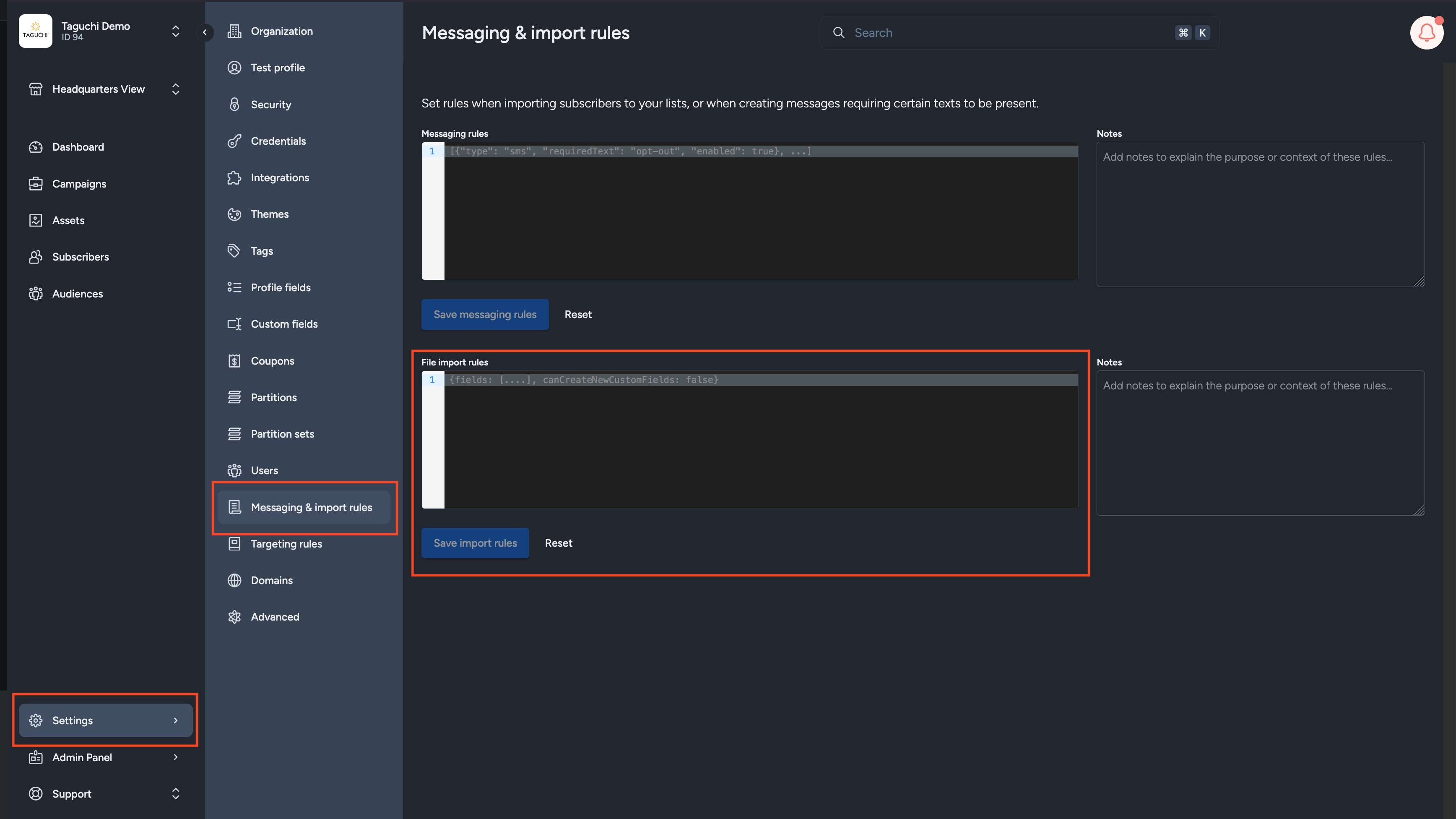 Import Rules Setting