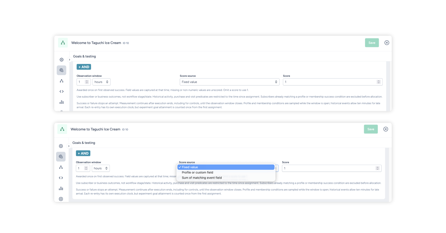 Lifecycle goal scoring options, including profile fields and event totals