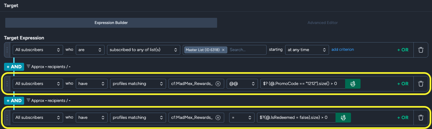 Purchase targeting in V5(expression builder)