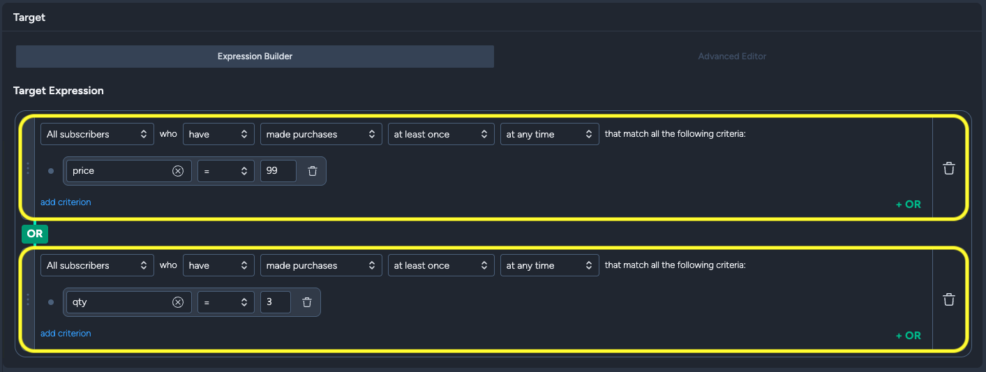 Purchase targeting in V5(expression builder)