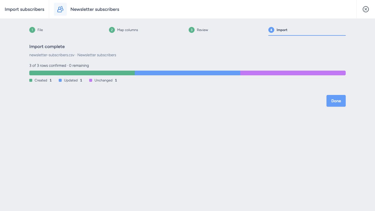 Completed import showing Created, Updated and Unchanged outcomes