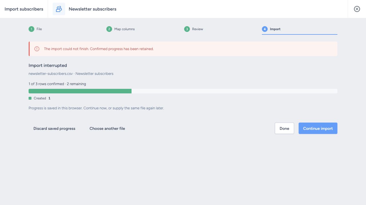 Interrupted import with saved progress and a Continue import action