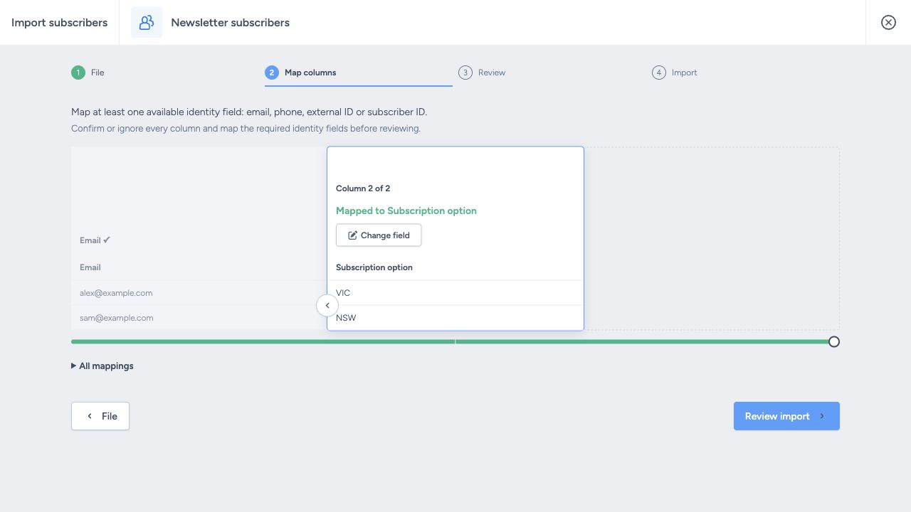 Subscription option confirmed in the current mapping step