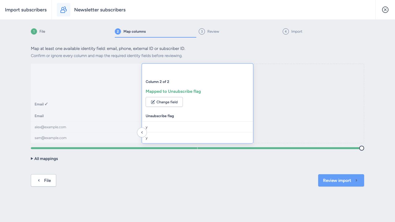List-specific Unsubscribe flag confirmed in the mapping step