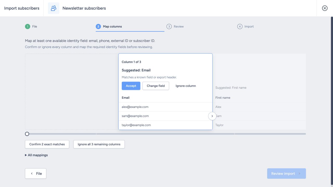 Map columns showing an Email suggestion and the confirmation controls