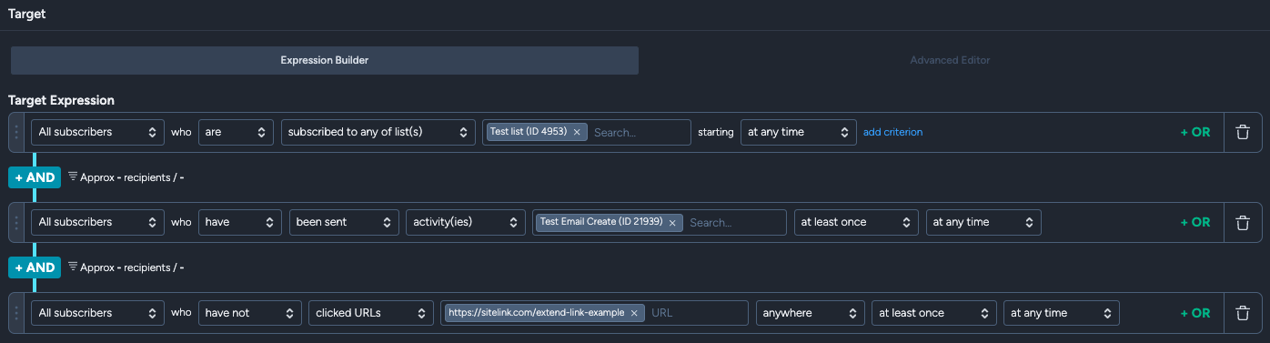 subscriber did not click url link(expression builder)