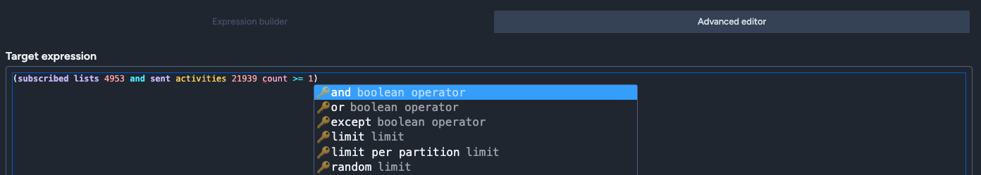 advanced filter operator autocomplete